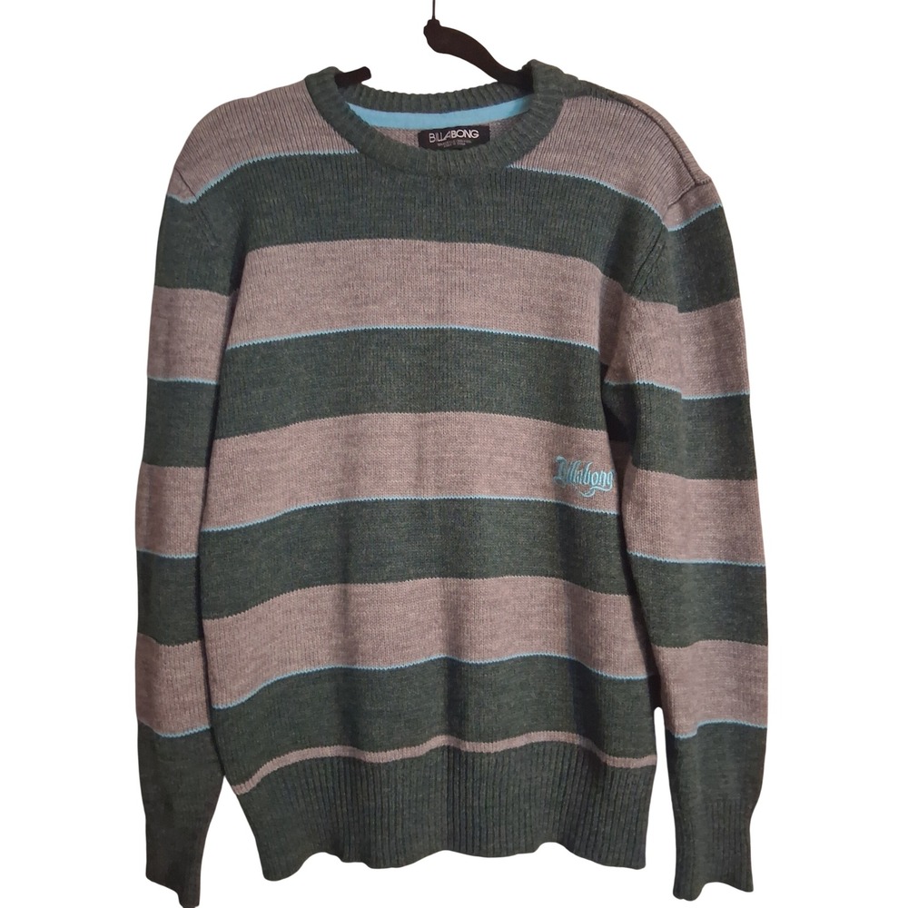 Billabong Mens Striped Crewneck Sweater Wool Blend Green Mauve Knit Large